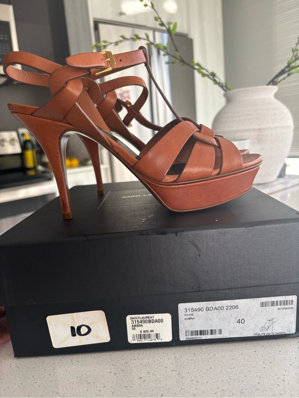 Saint Laurent Tan Leather Platform Sandals with Ankle Strap - Picture 4 of 8